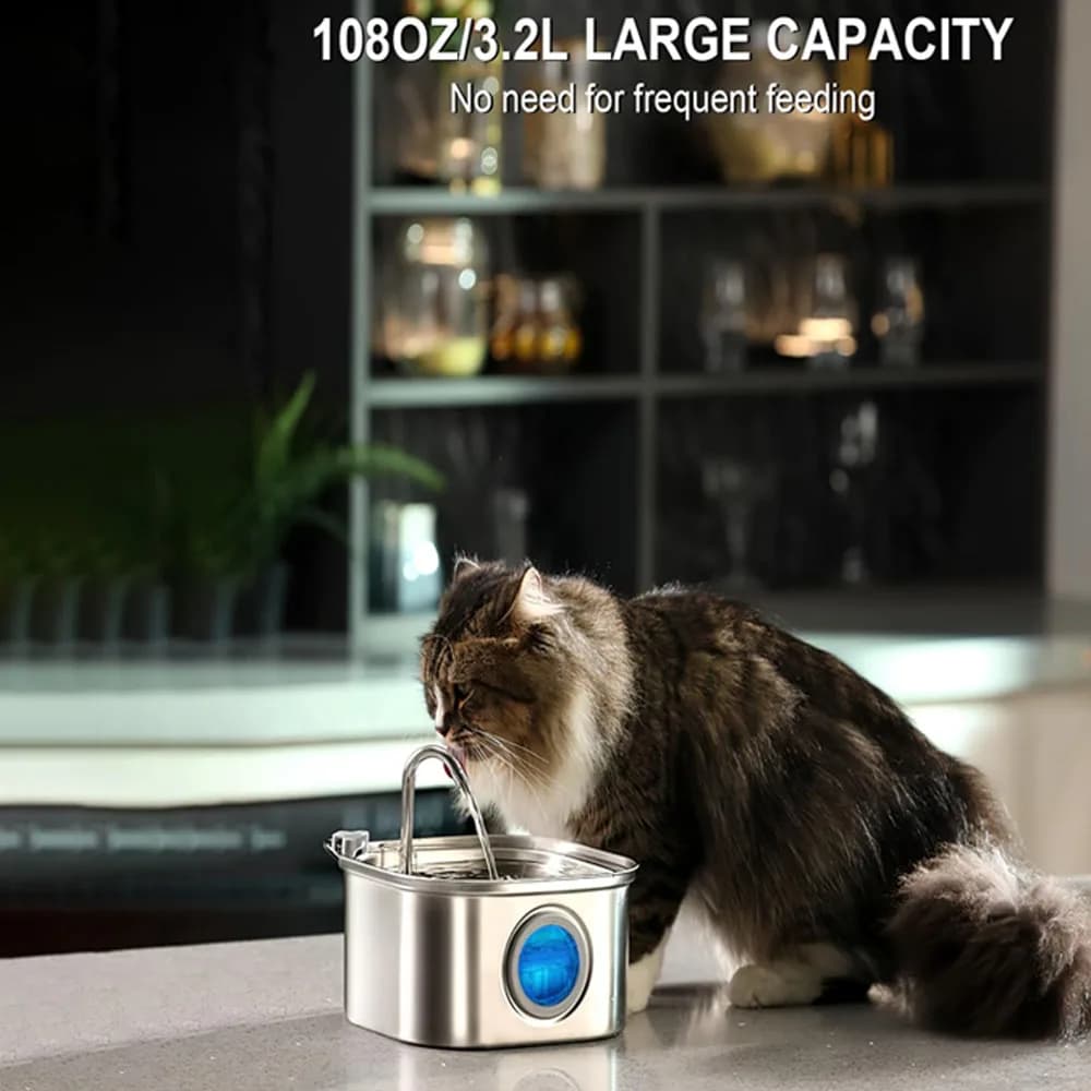Distributore di acqua per gatti con finestra trasparente con sensore 3.2L/108oz Fontana di acqua per gatti in acciaio inossidabile con filtro automatico super silenzioso e per animali domestici