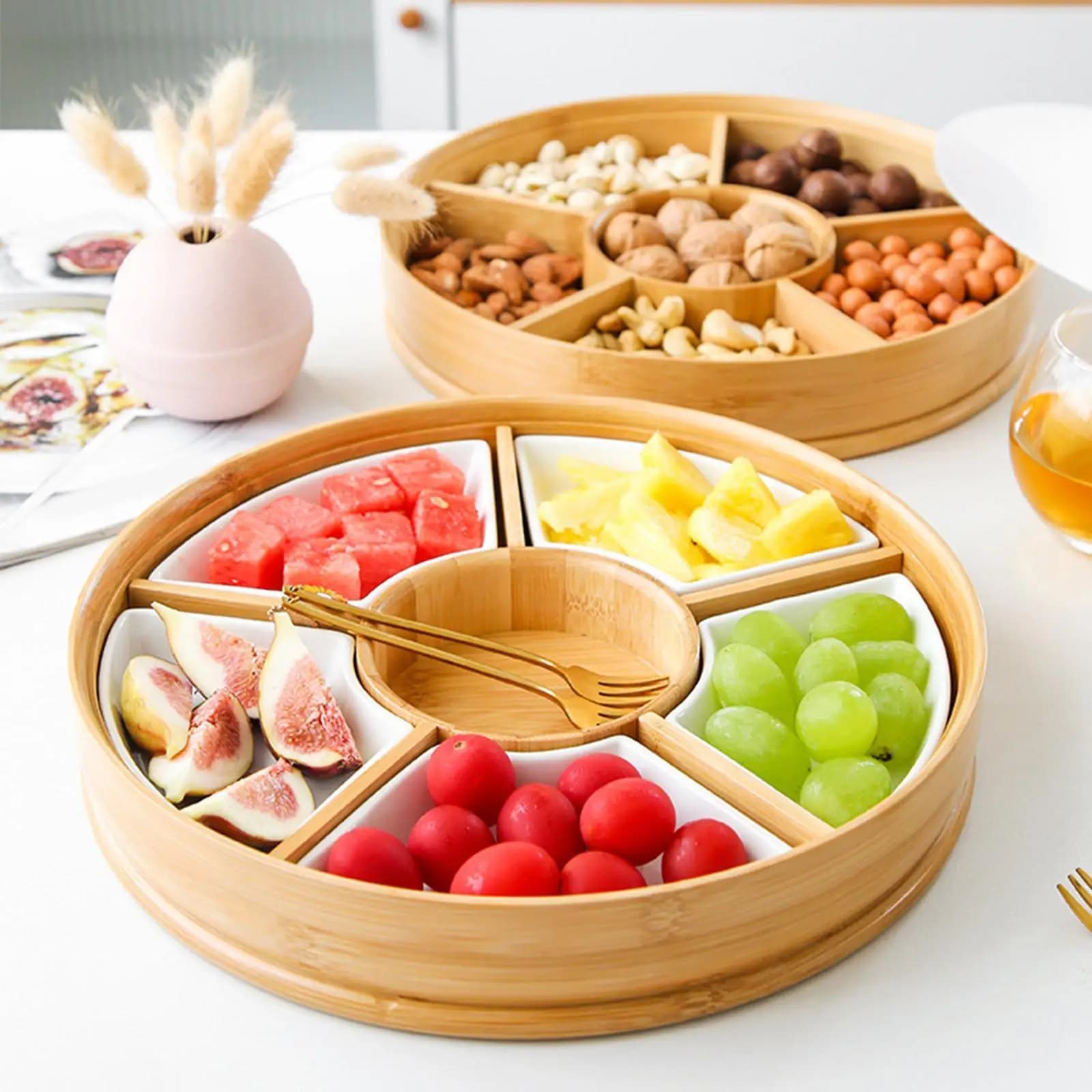 Bamboo Nuts Storage Platter Divided Dried Fruit Plates for Family Dinner