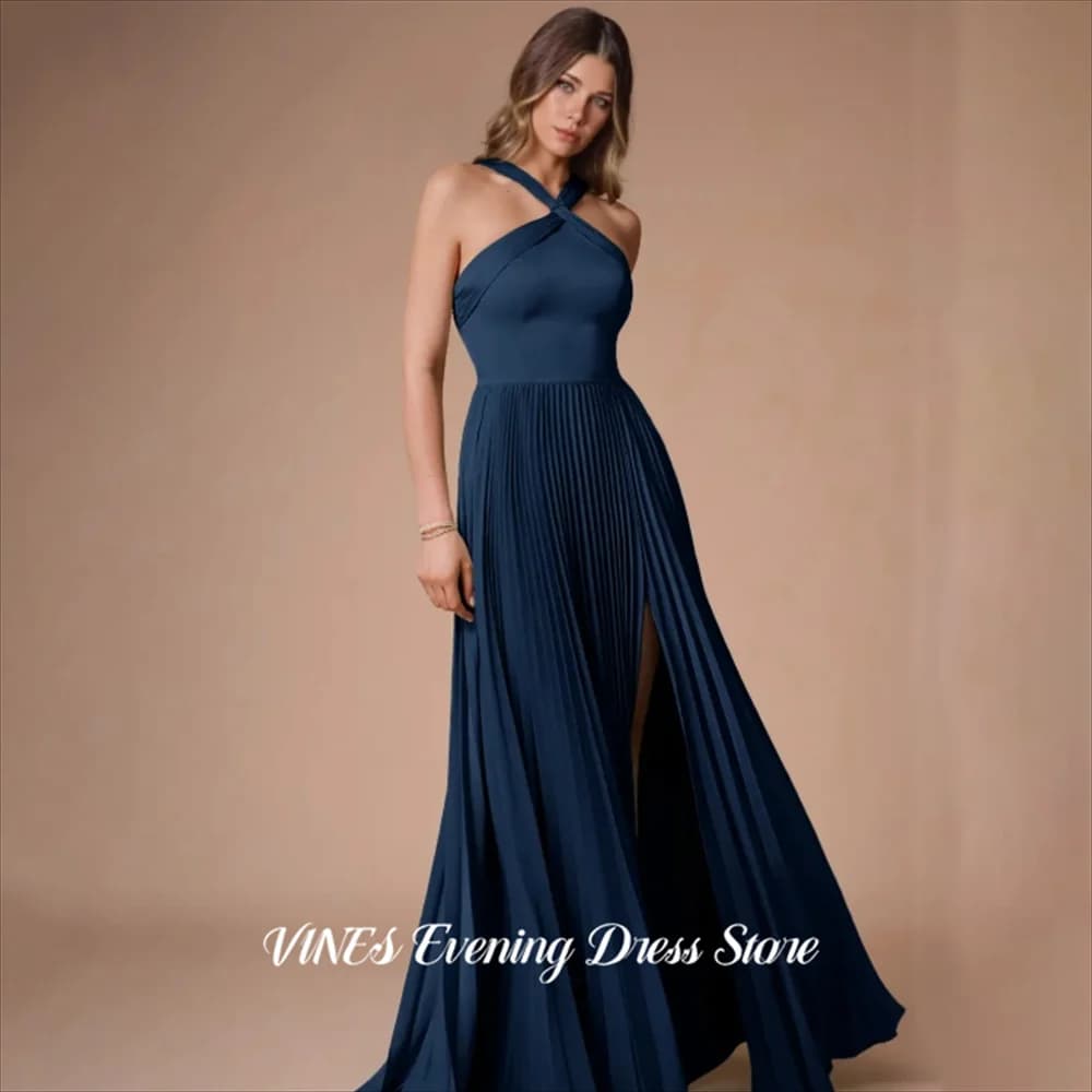 VINES Abito da Sera Blu Notte con Spalline Incrociate, Vestito da Festa Plissettato con Spacco Alto, Abito da Ballo Personalizzato per Donne