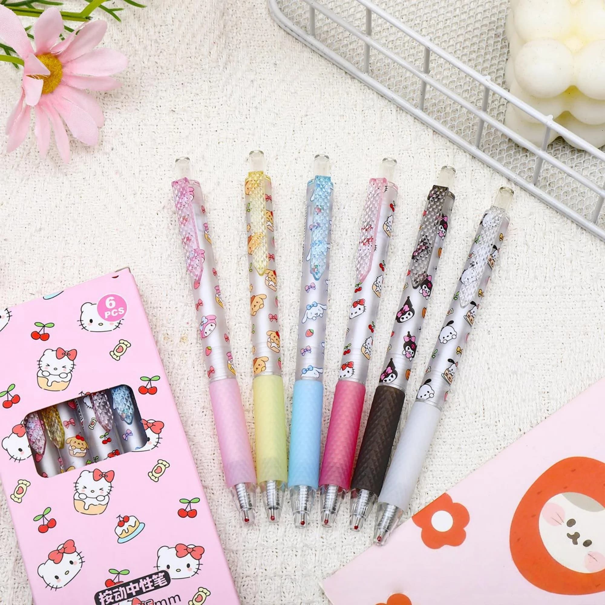 6 Pezzi Penne Gel Hello Kitty Ultima Serie, Carine e a Rapida Asciugatura, Nere 0.5mm, Forniture per Studenti e Ufficio