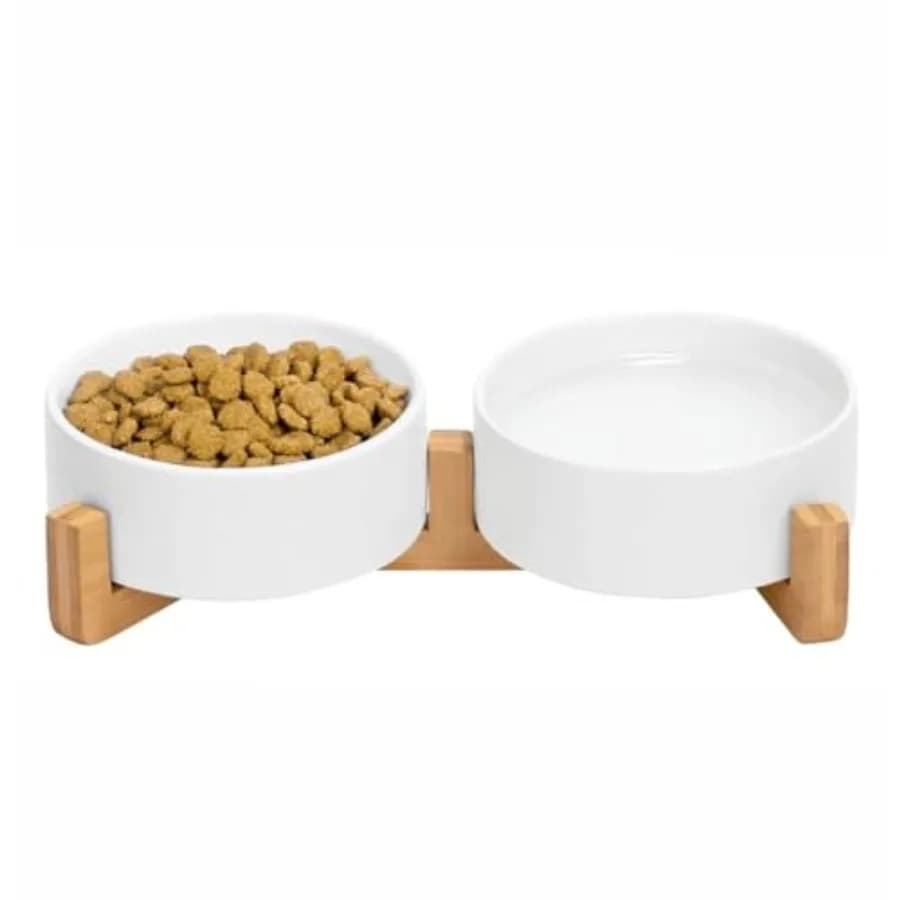 Ceramic Cat and Small Dog Bowl Set Modern Indoor Small Size Pet Food and Water Bowls with Wood Stand Non Slip Puppy Sized Feedi