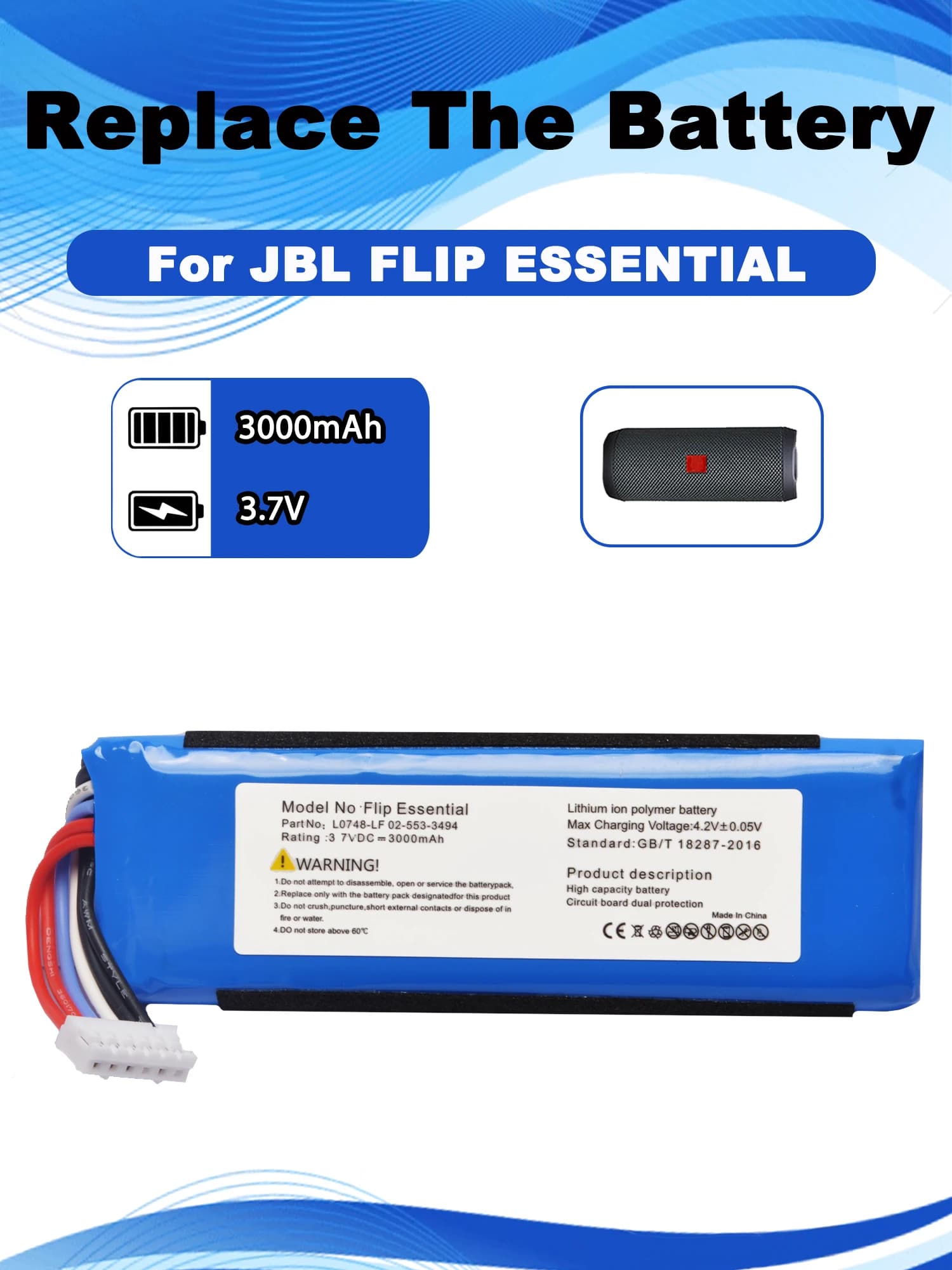 Batteria altoparlante da 3,7 V per JBL Flip Essential, Flip 3 Stealth Edition, Flip 3 SE Altoparlante Bluetooth 02-553-3494 L0748-LF 3000 mAh