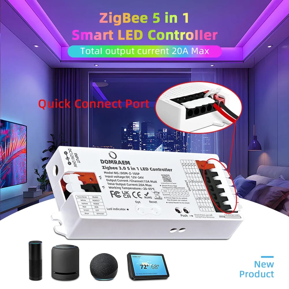 DOMRAEM Zigbee 3.0 Controller per strisce LED 5 in 1 DIMMER CCT RGB RGBW RGBCCT Compatibile con HU*E SmartThings APP Voice 20A Max