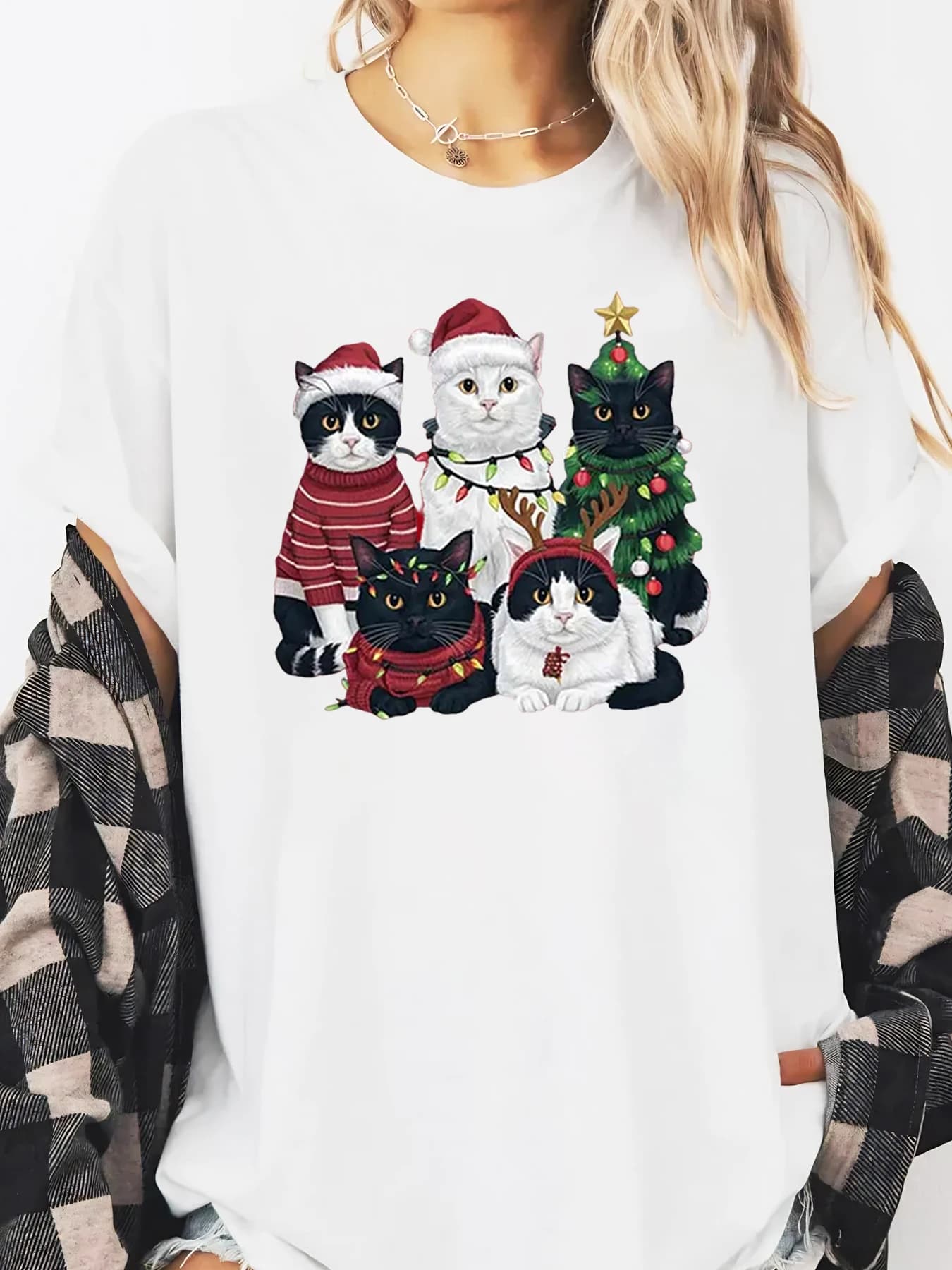 Gatti albero di Natale cappello da Babbo Natale stampa vacanza T-shirt a maniche lunghe donna casual festa invernale bianco taglie forti