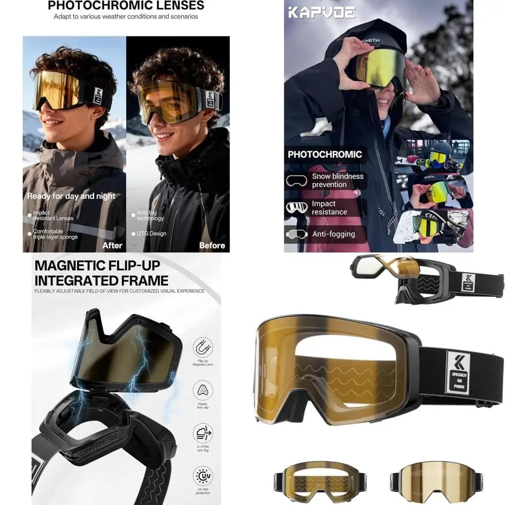 Occhiali da Sci Fotocromatici con Lenti che Cambiano Colore, Antiappannamento, Cinturino Magnetico, Compatibili con Occhiali da Vista (OTG), Protezione UV400, Compatibili con Casco