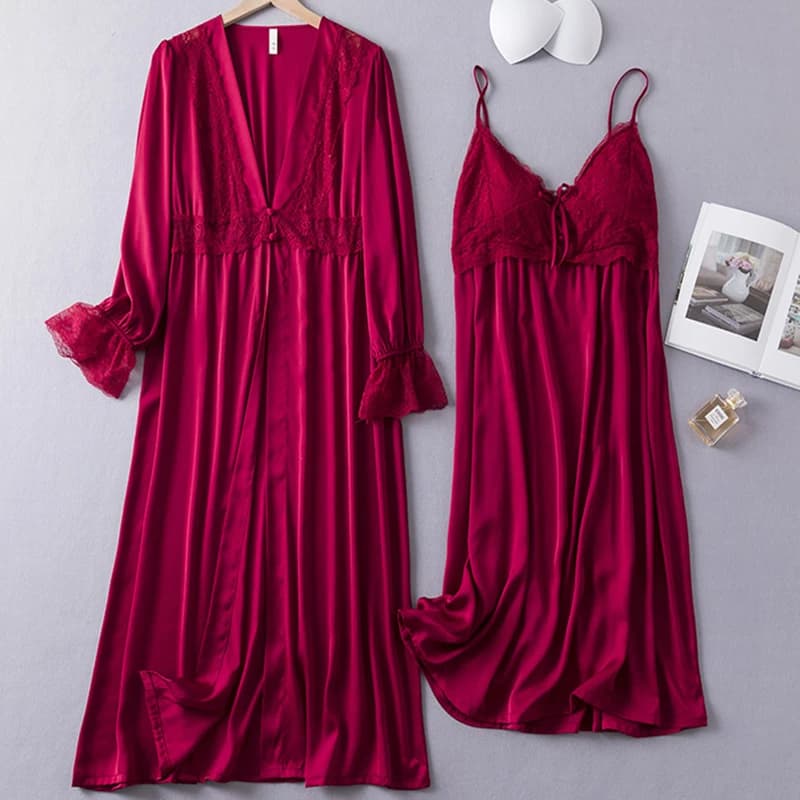 Donne 2 pezzi Robe Set primavera estate raso Kimono accappatoio abito Sexy Patchwork pizzo camicia da notte indumenti da notte allentato casa vestito Loungewear