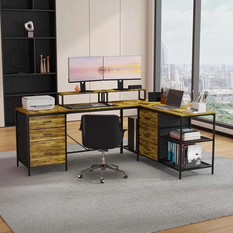 114" L-Shape Gaming Desk with Power Hub, 6-Drawer Rustic Brown Home Office Desk, Removable Monitor Stand