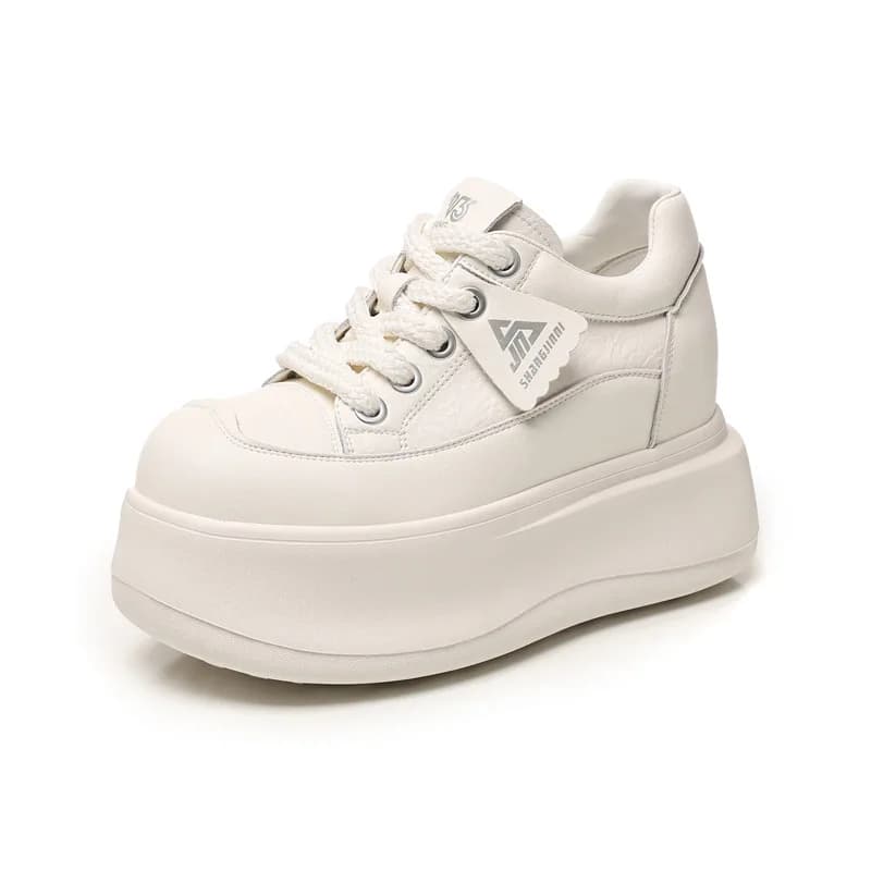 Sneakers con Plateau da 8,5 cm per Donne, Scarpe con Tacco Alto Beige e Bianche, Comode Sneakers con Plateau Primaverili Antiscivolo per Camminare