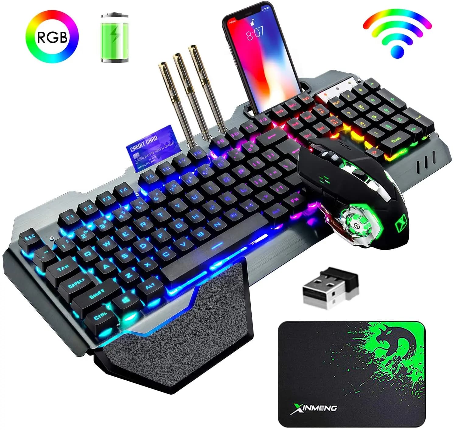 K680 wireless keyboard and mouse combination, rainbow LED backlit keyboard with 3800 mAh rechargeable battery metal panel
