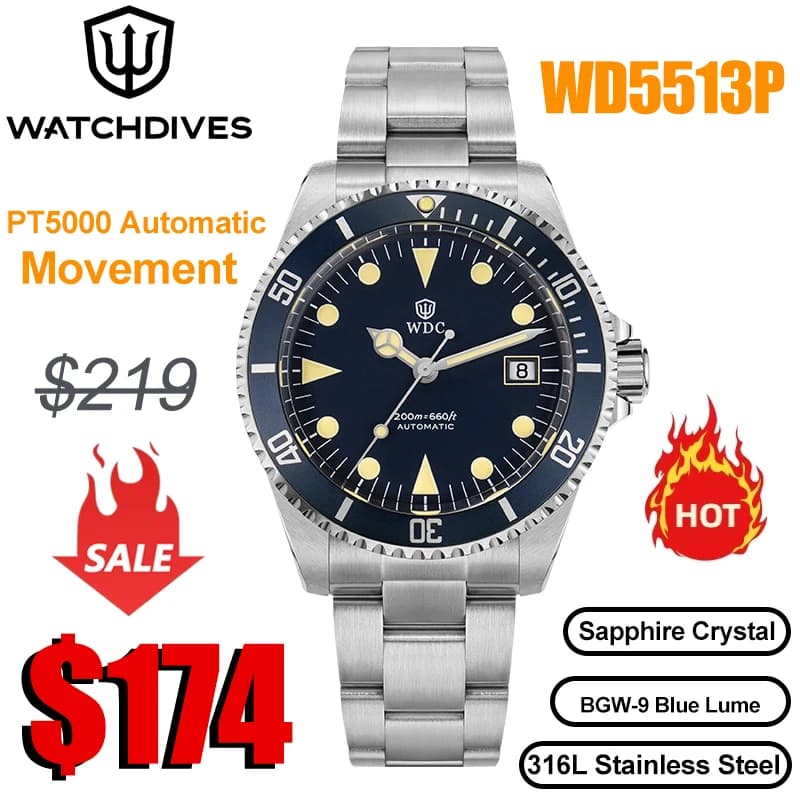 Watchdives WD5513P Men Dive Watch Sapphire Crystal PT5000 Movement Automatic Mechanical Luminous Waterproof 200M Wristwatch