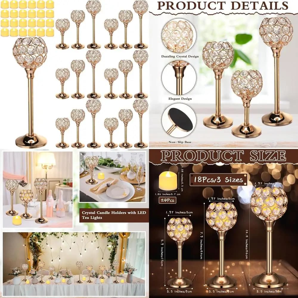 Set of 42 Crystal candle holder with LED lights - Decorative in 3 Measures for Home, Weddings and Gifts (Gold)