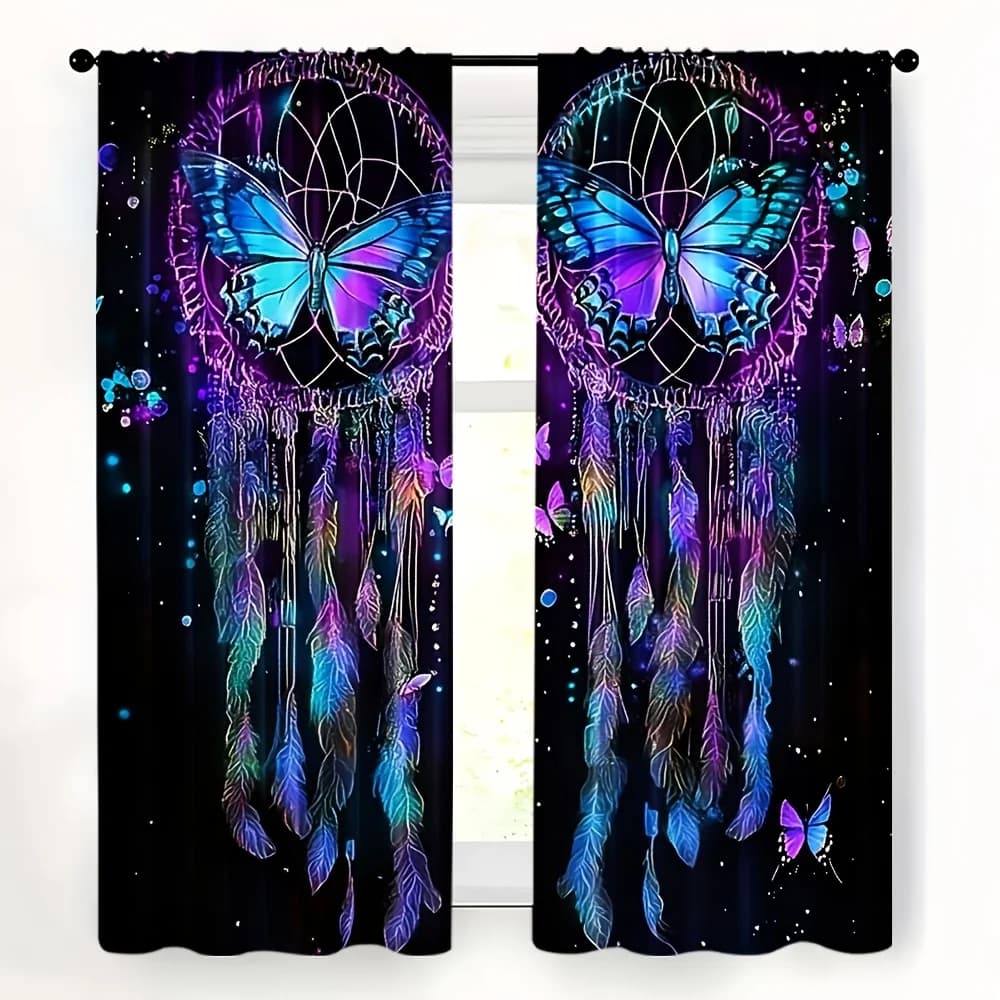 2D FLAT 2pcs Curtains Butterfly Dreamcatcher Feathers Purple Blue Perfect for Balcony, Bedroom, Study, Living Room