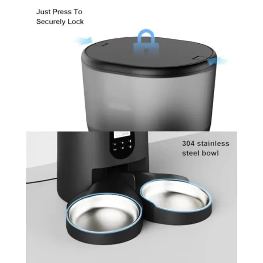 FurStarAutomatic Cat Feeders For 2Cats 6L/25cup Automatic Cat Food Dispenser With 2 Stainless Pet Bowls 10s Meal Call Timer Sett