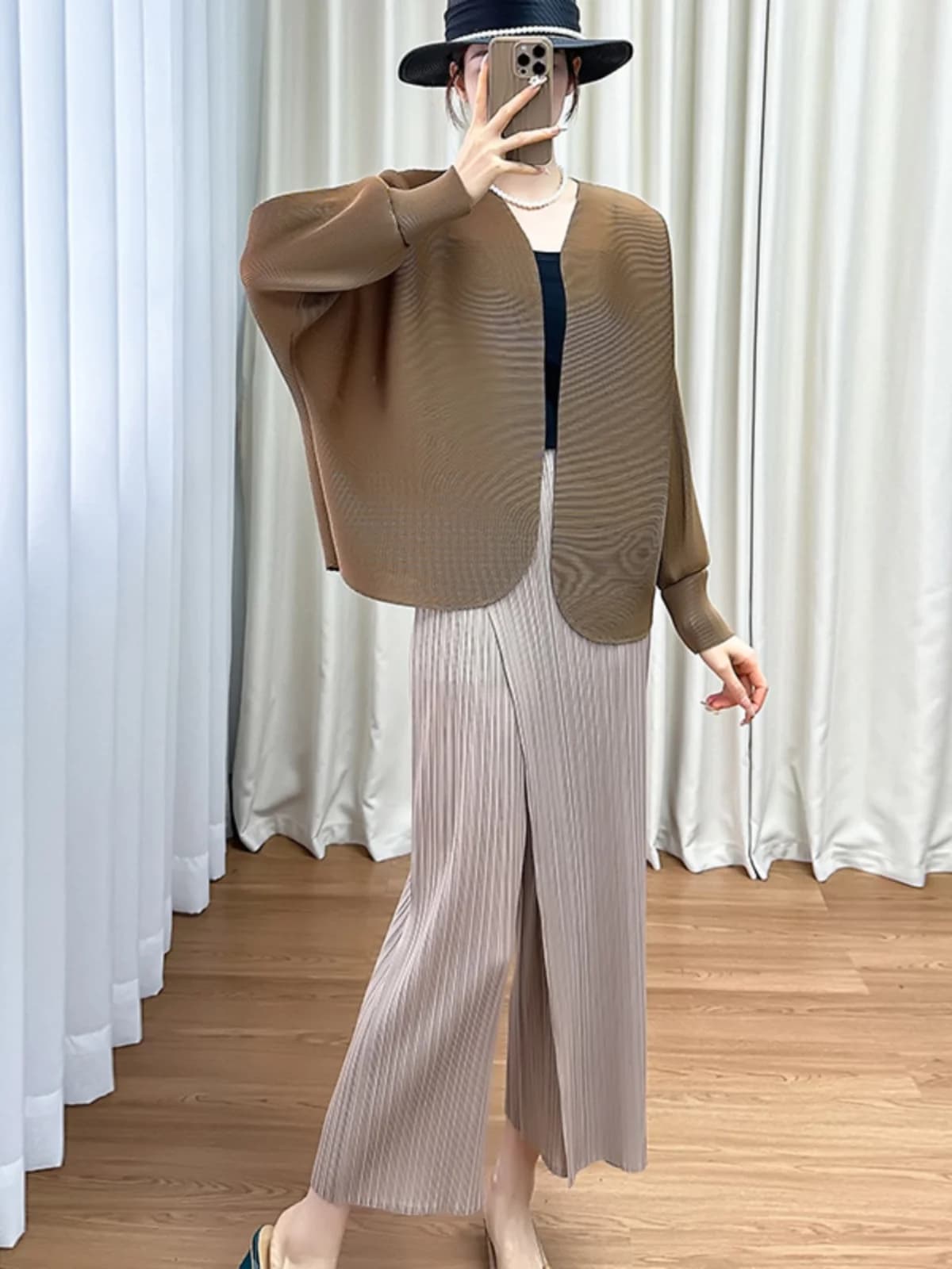 Fashionable Summer Women's Bat Long Sleeve Unbuttoned Short Jacket Top Side Buttoned Long Pants Elegant Commute Style Silk Shirt