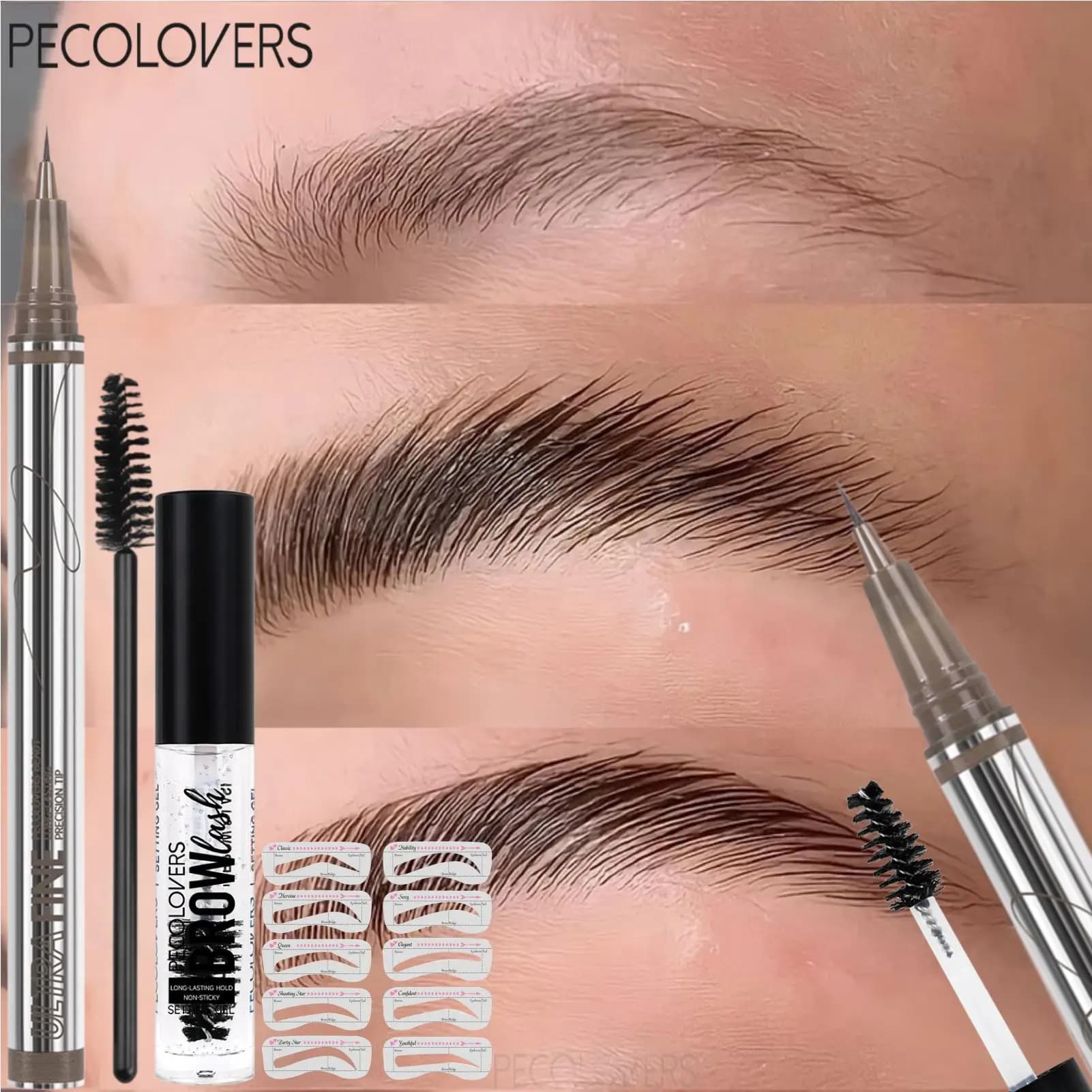 2PCS/SET Ultra-Fine Eyebrow And Eyeliner Pencil+Setting Brow Gel with Eyebrow Stencils and Eyebrush,Long-Lasting&Smudge-Proof