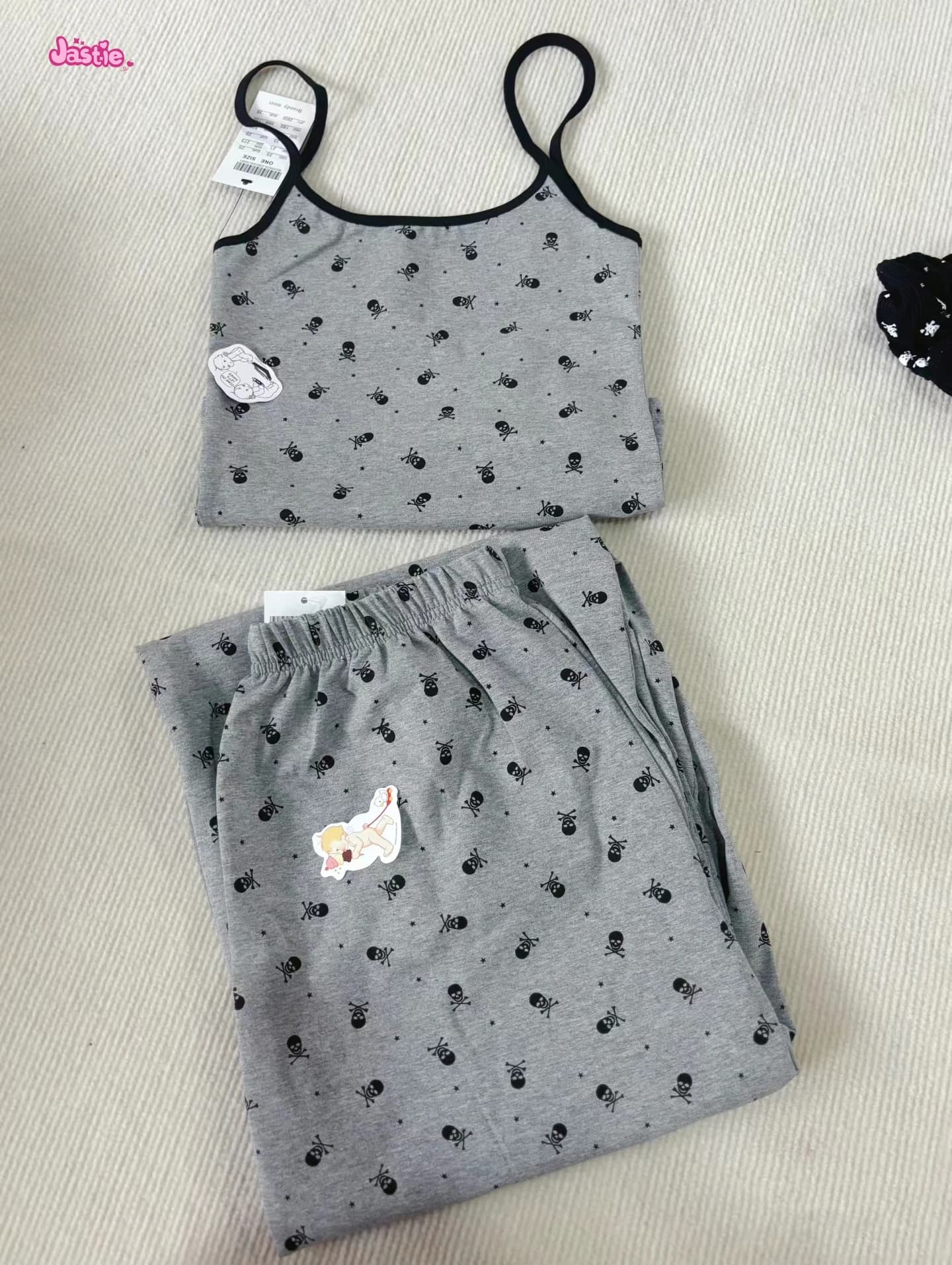 Grey Skull Print Tank Camis + Set di pantaloni dritti Set di due pezzi per le donne Retro Y2K Summer Vest 2024 New Home Casual vestito femminile