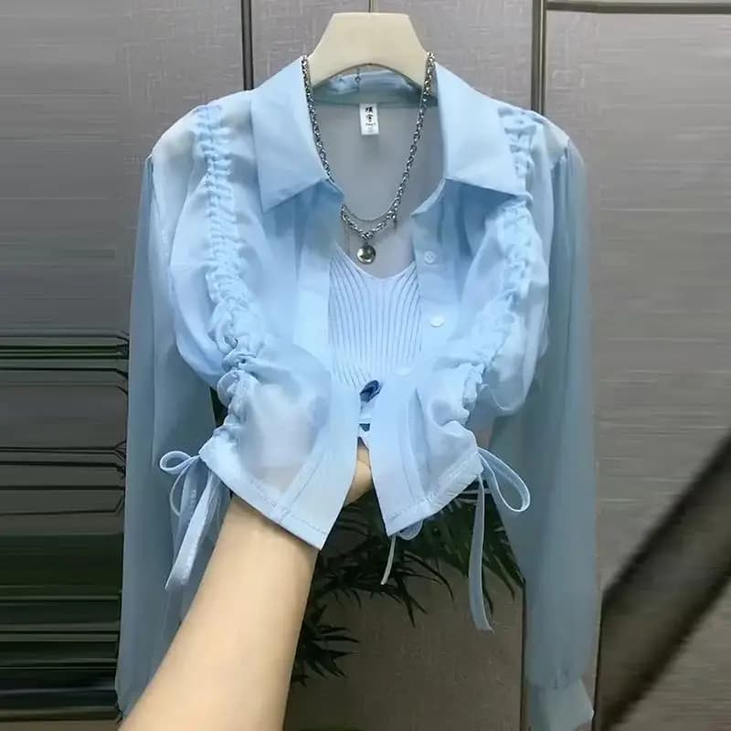 Women's Blouse with Drawstring Solar Protection Top Long Sleeved Shirts Lightweight Jacket Spring Summer Buttons Trendy Shirts