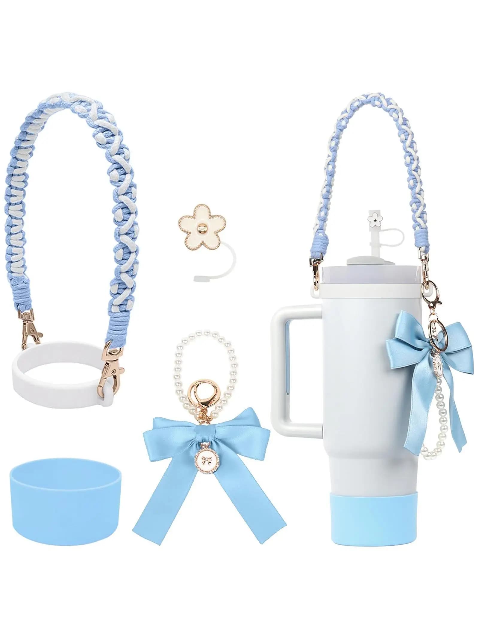 Portachiavi con Fiocco in Paglia Floreale Stile Coreano in Tweed, Catena di Perle, Cinghia in Silicone per Bicchiere d'Acqua, Supporto per Manicotto Tazza