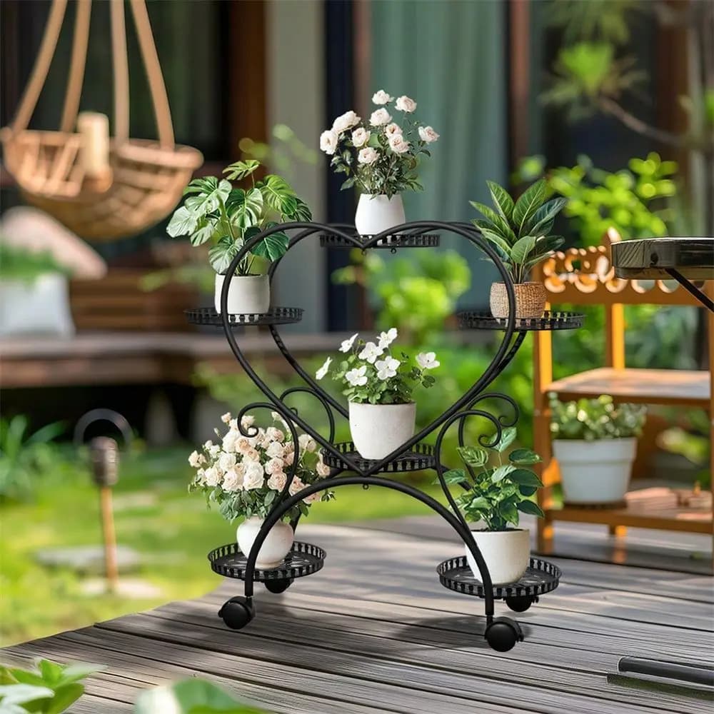 Supporto verticale per piante con 6 vasi a forma di cuore, in metallo, su ruote, carrello da giardino, organizer per vasi di fiori, per patio, verande