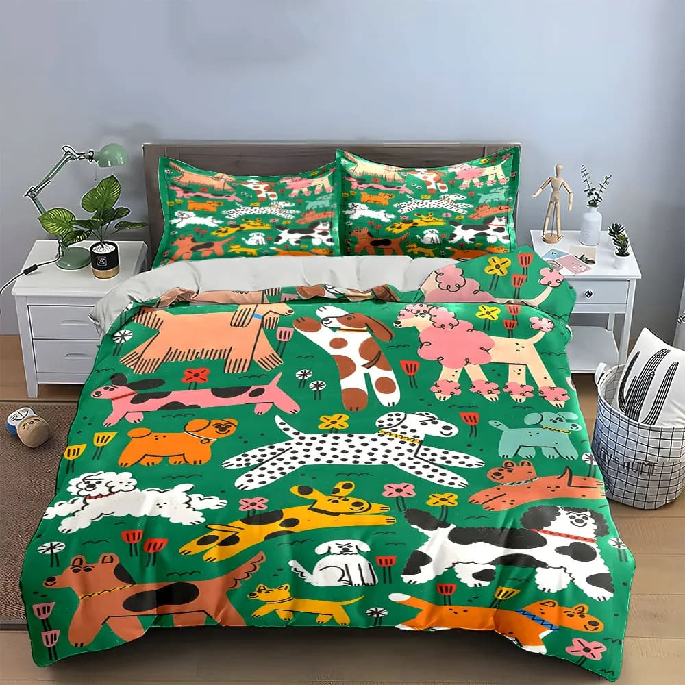 Set Decorativo a Tema Cani Colorati, Set di Biancheria da Letto con 1 Copripiumino e 2 Federe, Singolo, Matrimoniale, King, Queen, Regalo