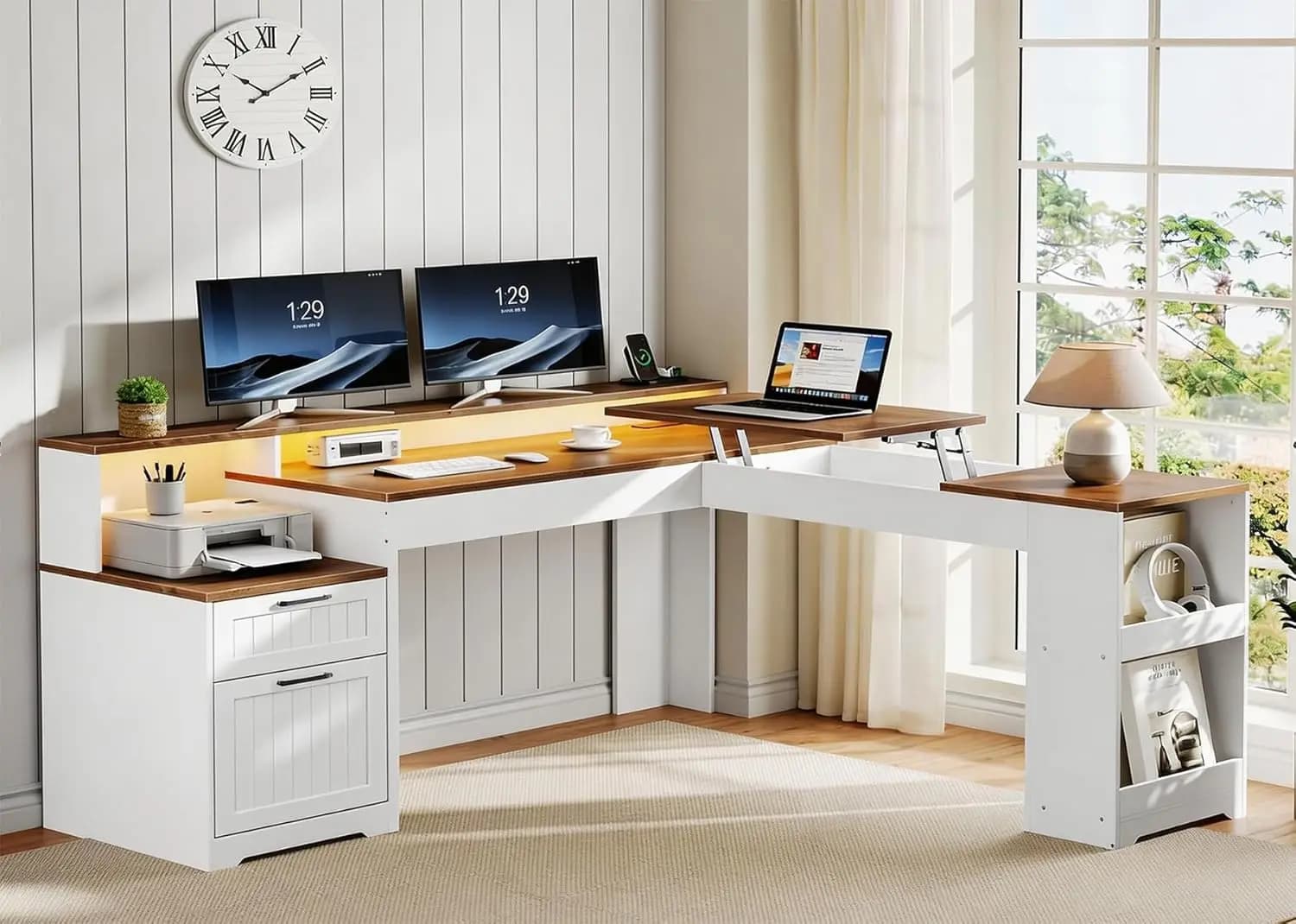 63" L-Shaped Standing Corner Desk with Drawers File Cabinet RGB Light Charging Station Monitor Shelf White Walnut, Customized