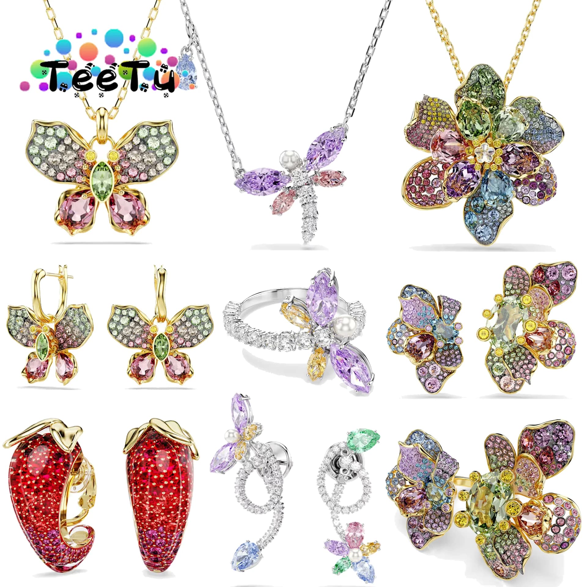 2026 Exquisite Light Luxury Party Jewelry Sets Pink Butterfly Purple Dragonfly Crystal Women's Necklaces Bracelets Ring Earrings