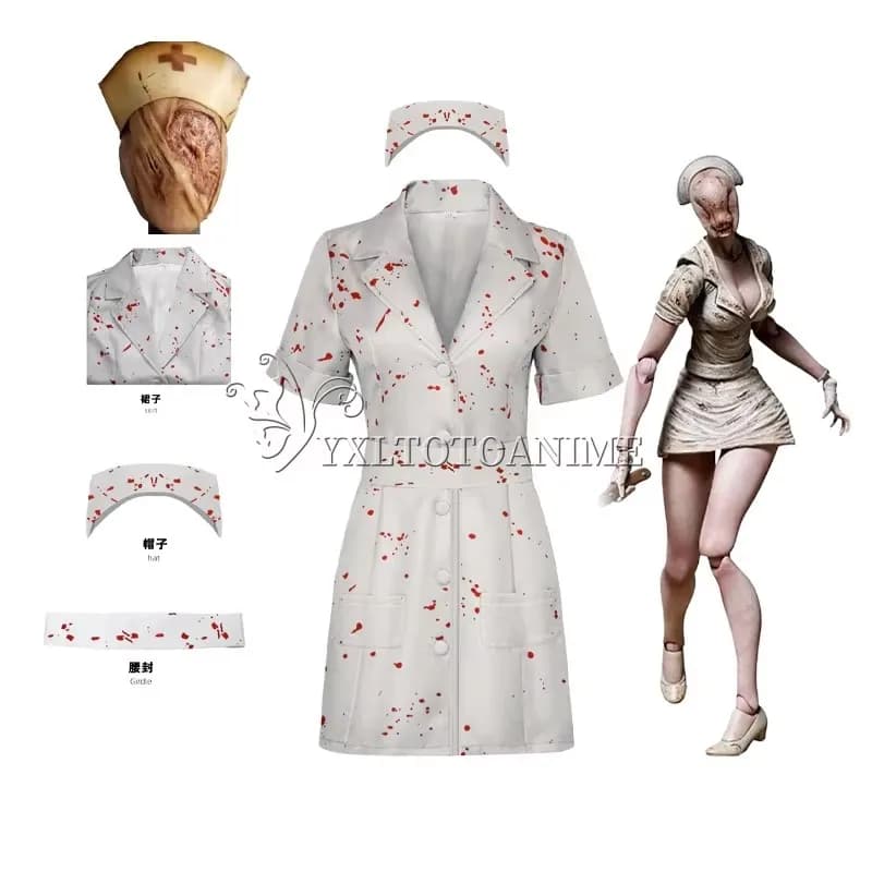 Costume da infermiera di Silent Hill, bianco con macchie di sangue, cintura, cappello e maschera, uniforme per Halloween, vestito elegante da donna per Halloween.