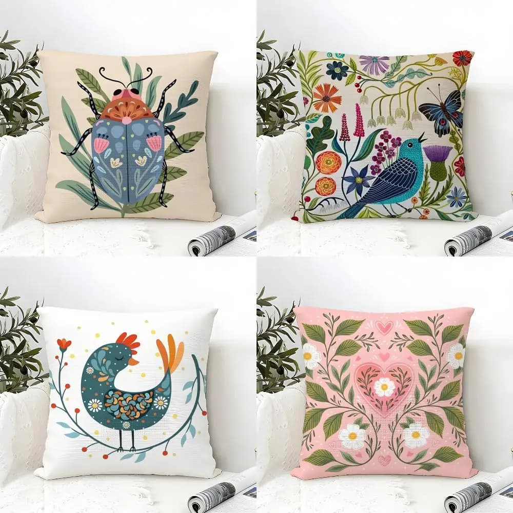 Federa per cuscino con stampa di farfalle, uccelli e fiori, in tessuto di cotone e lino, federa quadrata con cerniera, decorazione per la casa, soggiorno