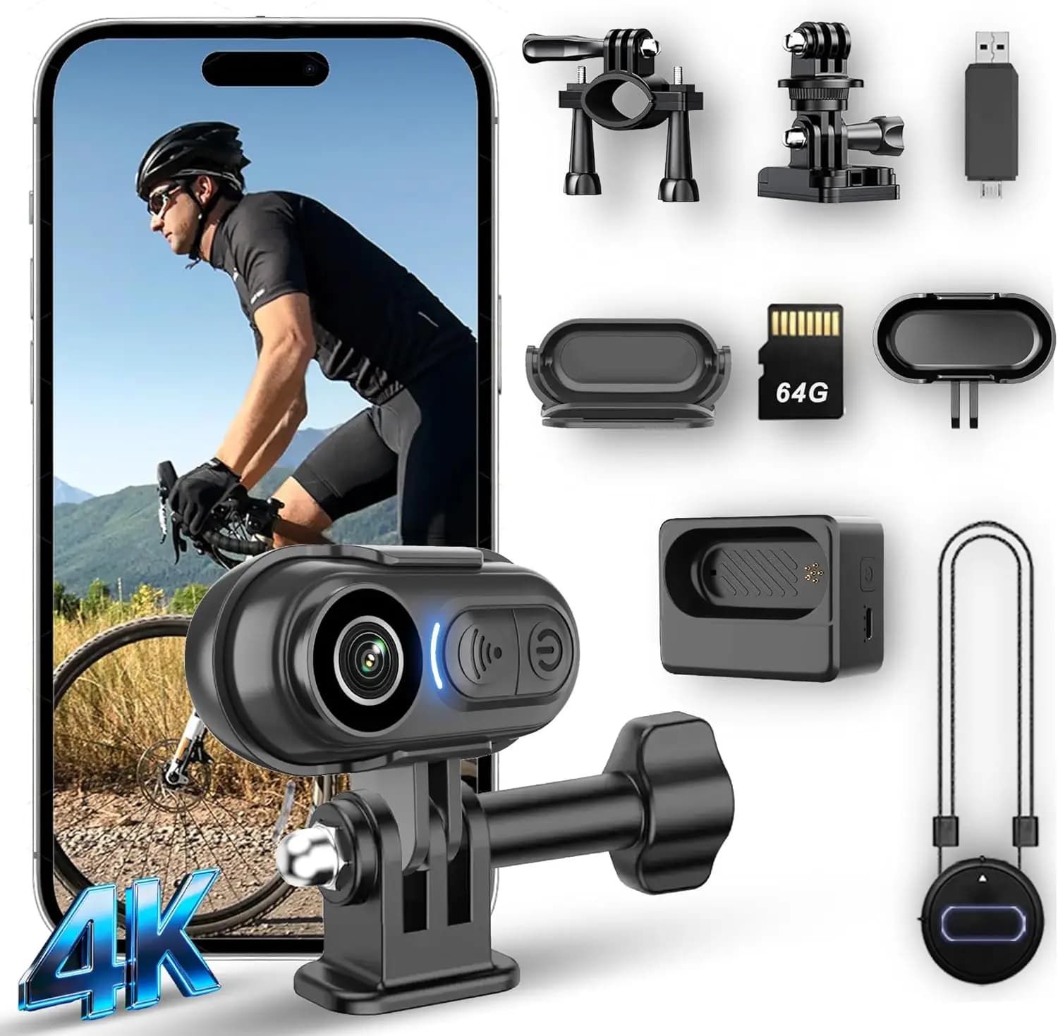 Action Camera 4K Impermeabile con Stabilizzazione, 64GB, Indossabile a Mani Libere per Ciclismo, Vlog e Viaggi