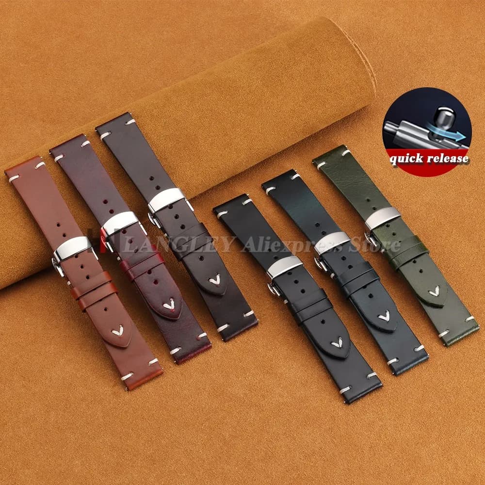 Quick Release Vintage Oil Wax Leather Watch Band ButterflyBuckle Men Women Stitching Strap 18mm 20mm 22mm for Huawei for Samsung