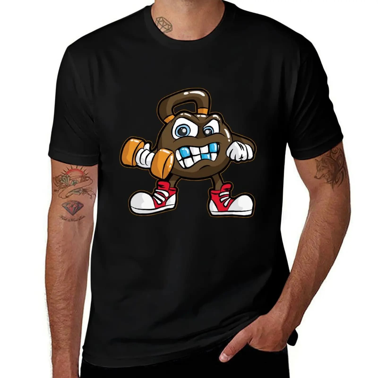 T-shirt with print of handlebars, barbells, kettlebell and kettleball, ideal for holidays