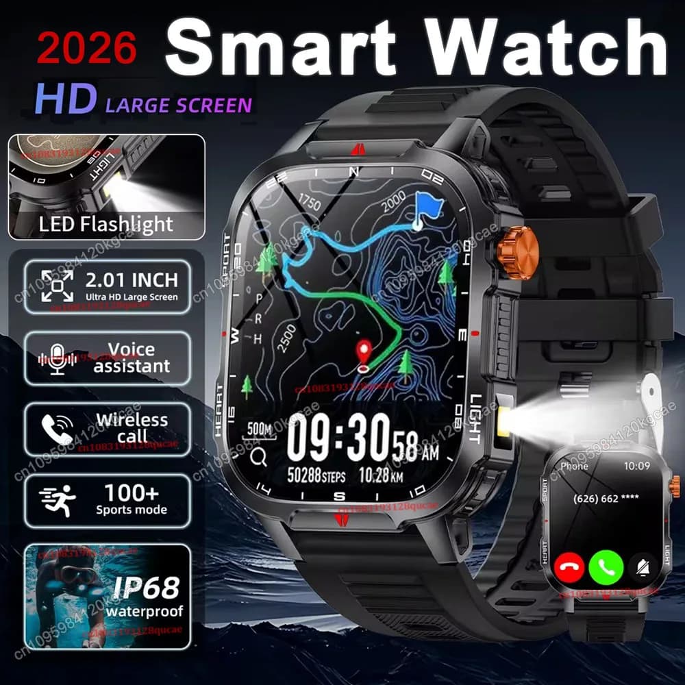 2026 New Rugged Military GPS Smart Watch Men Bluetooth Call Health Monitoring Sports 5ATM Waterproof Smartwatches Women Man Hw12