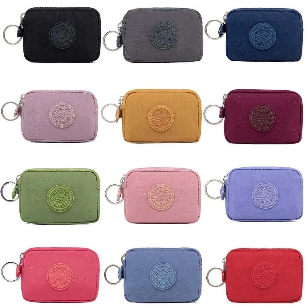 Portafoglio da donna portatile a doppio strato in tinta unita con portachiavi, porta carte di credito, portamonete impermeabile in nylon, borsa per soldi da esterno