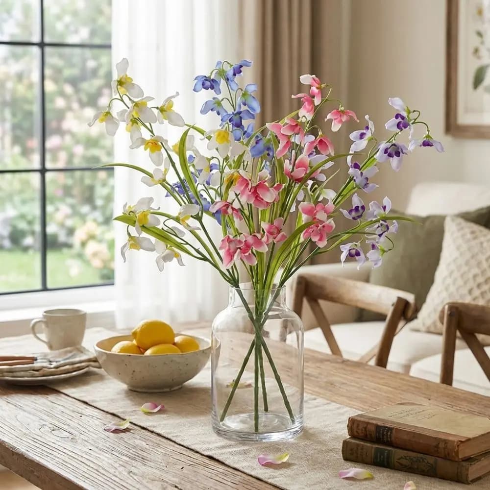 50CM Length Artificial Orchid Flower Realistic with Leaves Simulation Flowers Plastic Plants Vivid Fake Flowers Photograph Props