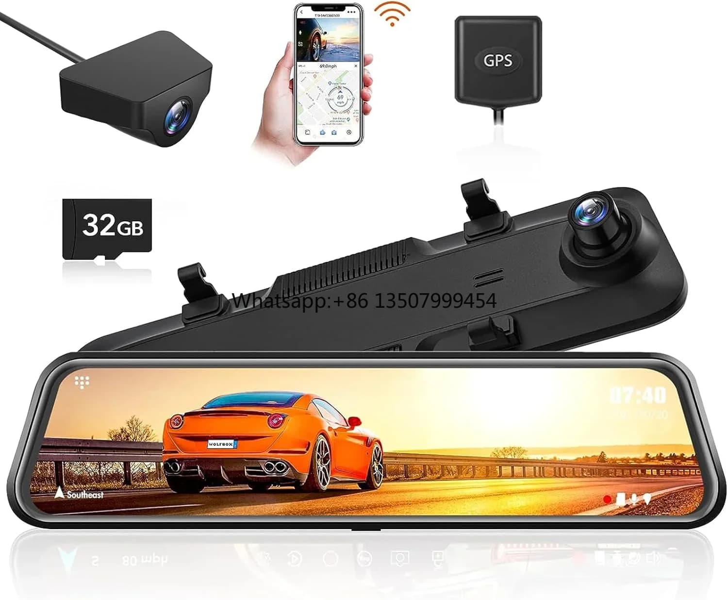 Wolfbox G840H Dash Cam con Schermo Touch da 12 Pollici, Telecamera Anteriore e Posteriore 2.5K, con GPS