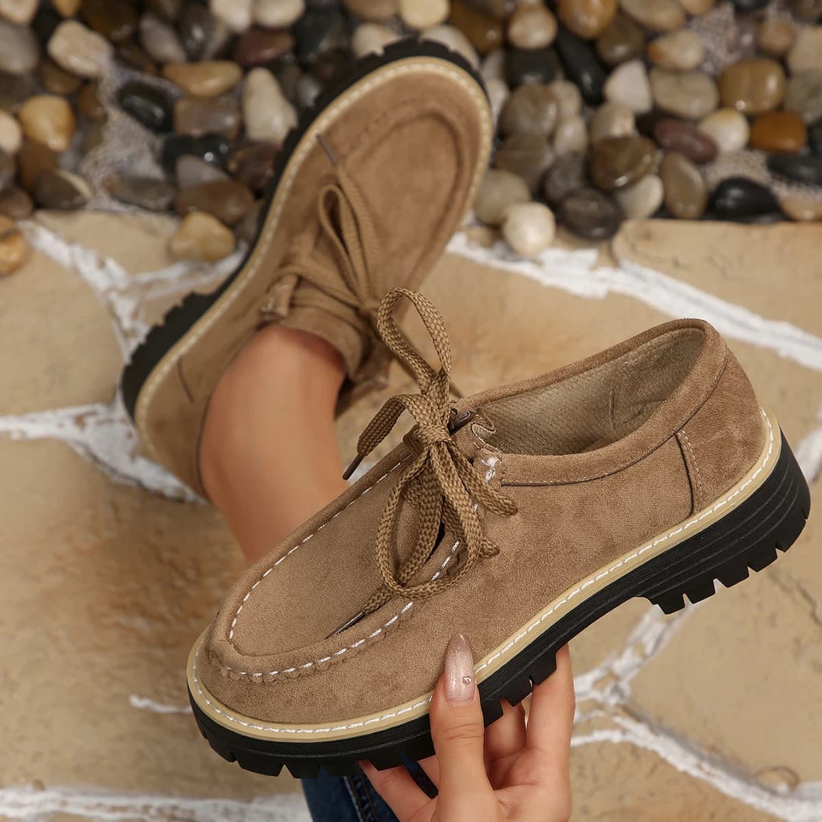 Women Suede Thick Sole Lace Up Loafers Retro Casual Non Slip Platform Moccasins Comfy Daily Walking Outdoor Work Shoes For Woman