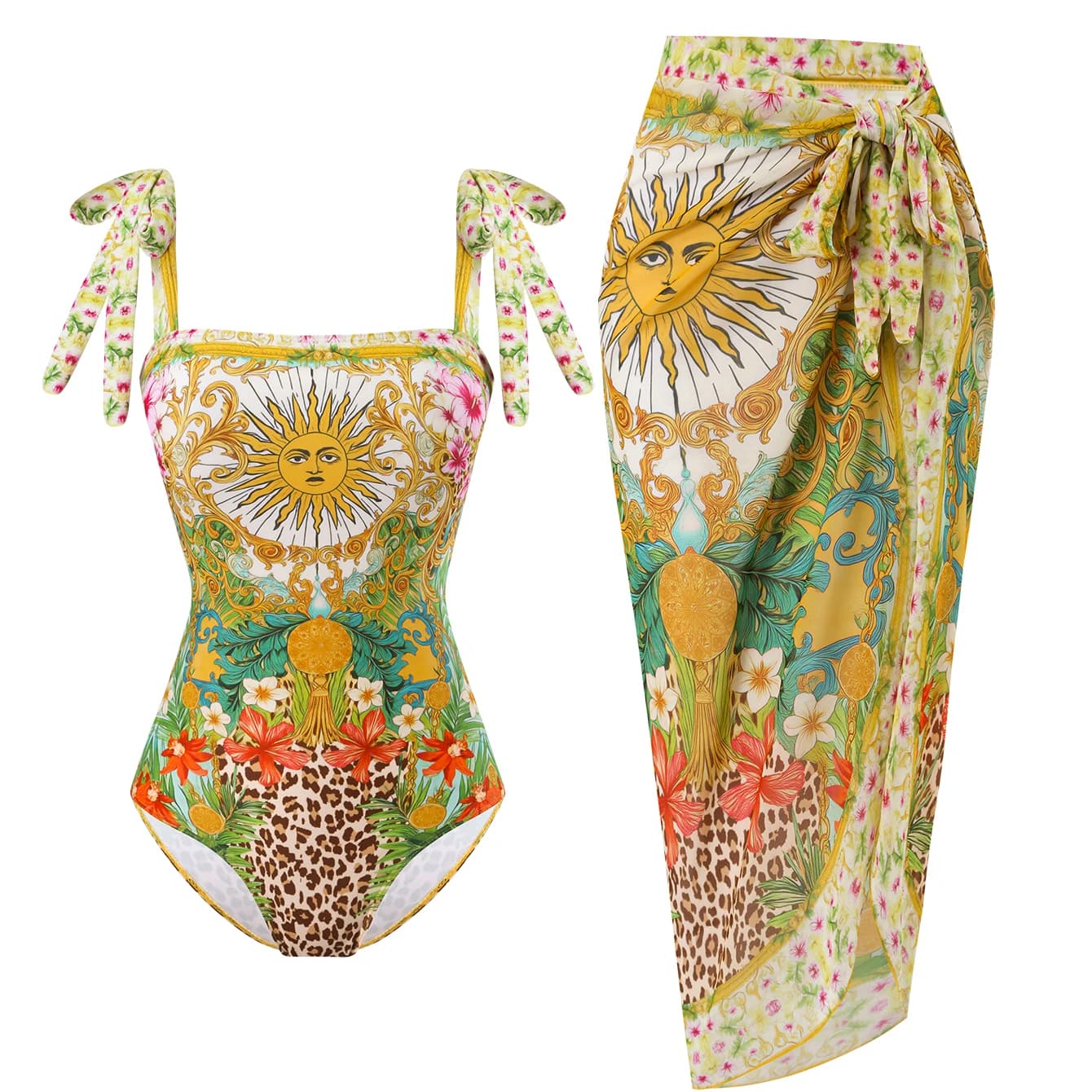Sexy woman modeling whole swimsuit with skirt, fashionable thermal bikini, full cover, sun protection, for the beach
