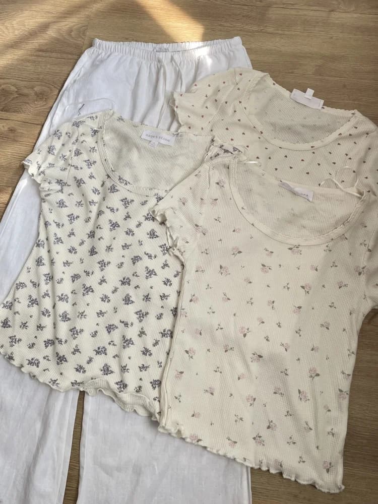 Summer Thin Short Sleeve Floral round Neck Wafer Grid T-Shirt Casual Style Plant Floral Print Casual Fashion Ladies Tee
