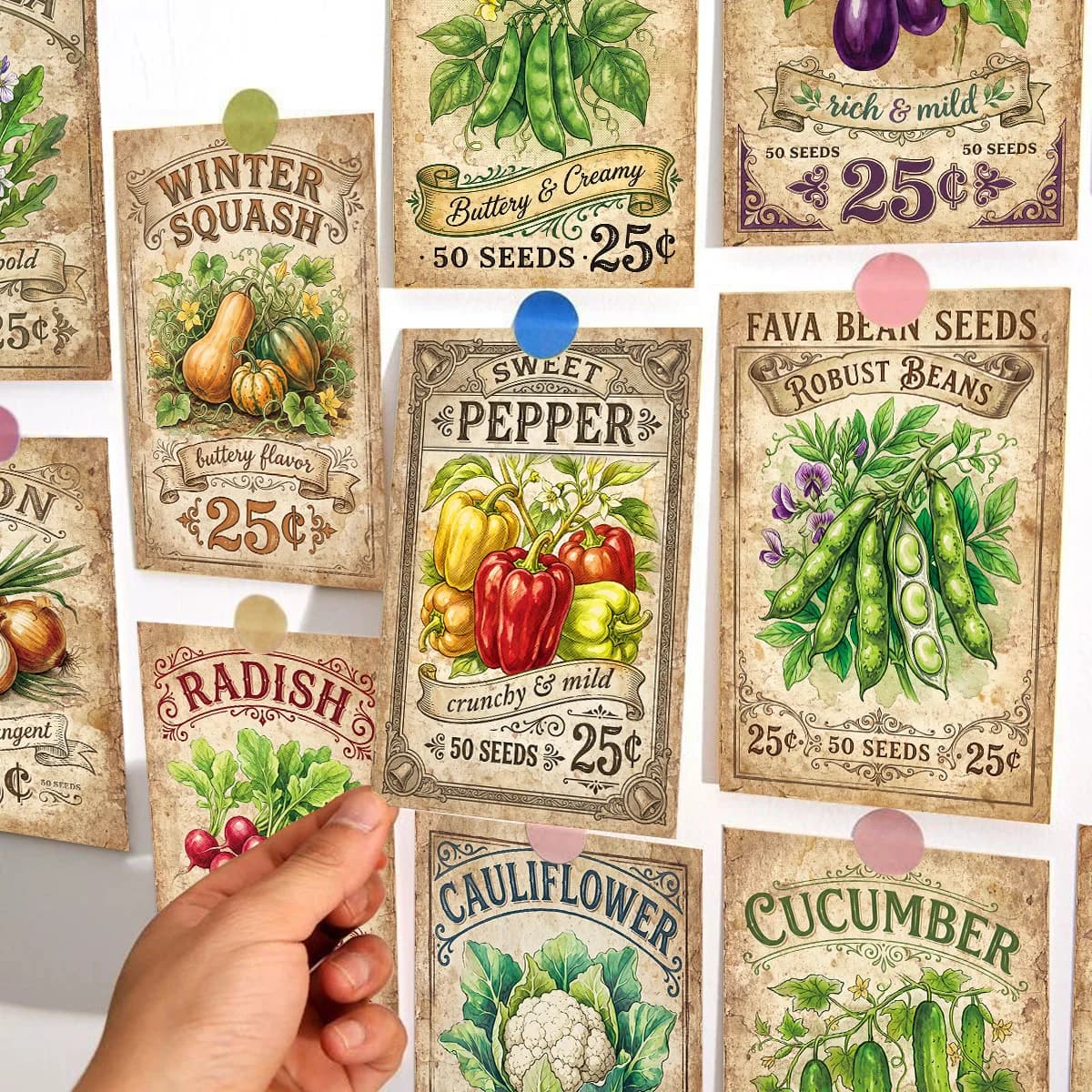 20pcs Vegetable Seed Art Postcards,Seed Variety Name,Flavor Notes Design,For Kitchen Decor,Garden Journaling,Farmhouse Displays