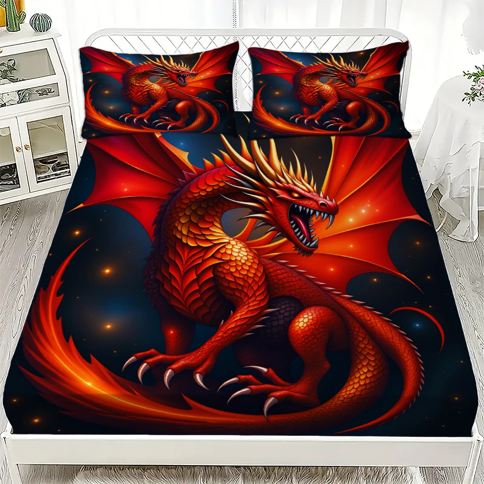 Set di lenzuola con angoli elasticizzati, 3 pezzi, con stampa 3D di drago rosso, lenzuola durevoli e facili da pulire con federe per l'arredamento della camera da letto