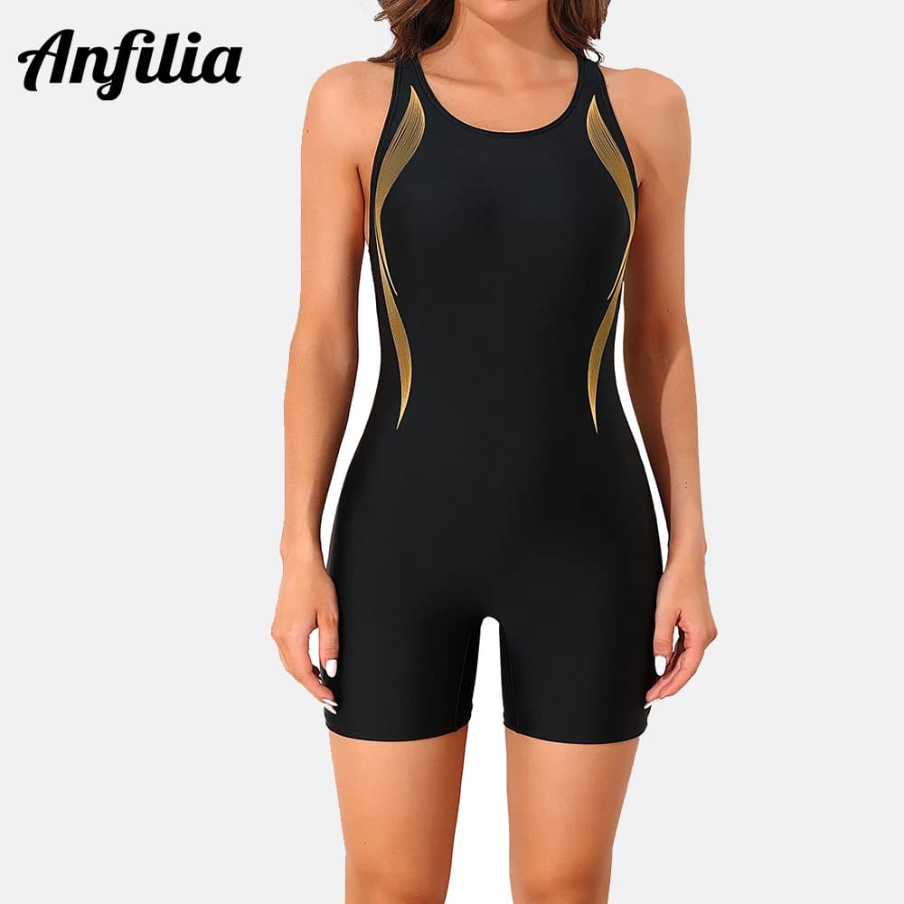 Anfilia Costume da bagno sportivo intero da donna Allenamento professionale Atletico Boyleg Costume da bagno con schiena scoperta Costume da bagno con stampa di linee ondulate
