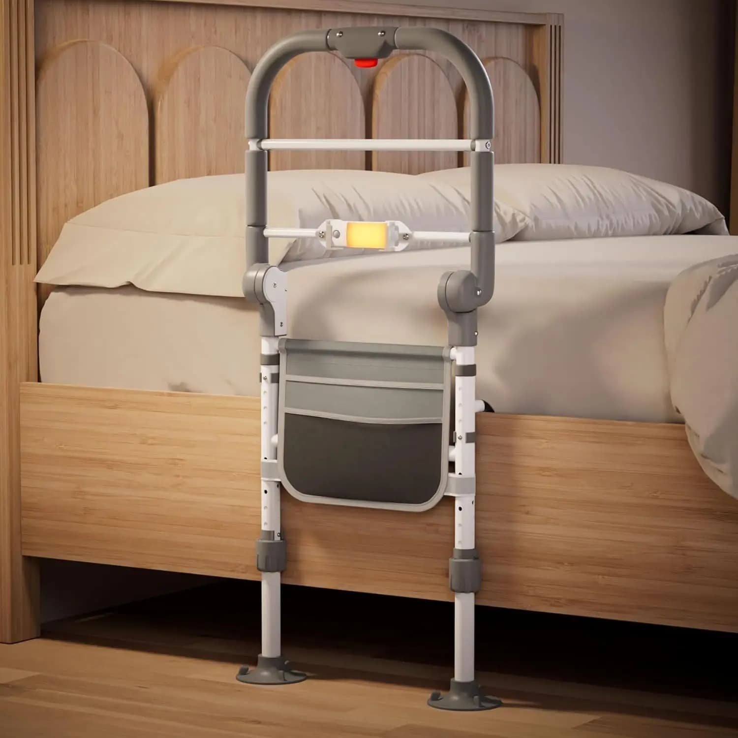 Foldable Bed Rail for Elderly Adults, Adjustable Height, Motion Sensor Light, Storage Pouch, Fits King Queen Full Twin, Supports 350 LBS
