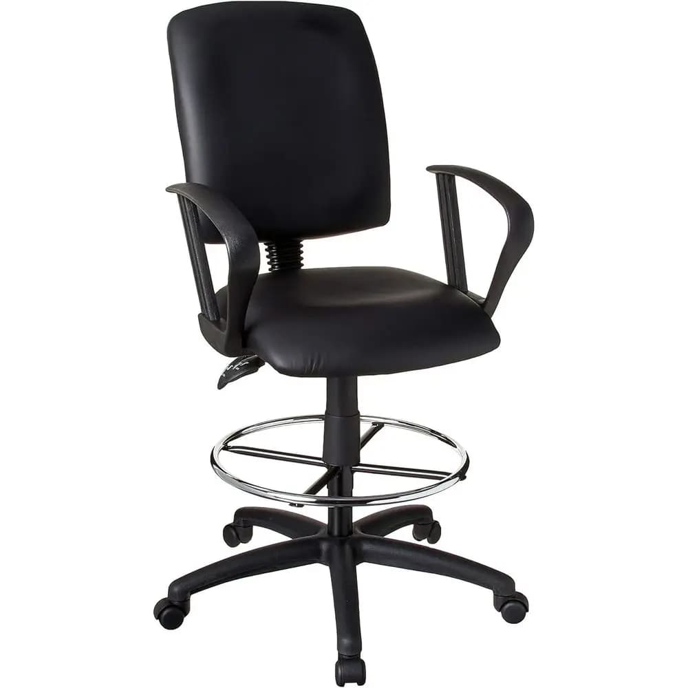 Sedia da Disegno in Pelle Regolabile in Altezza con Braccioli ad Arco, Base Cromata e Ruote con Copertura per Ufficio o Studio