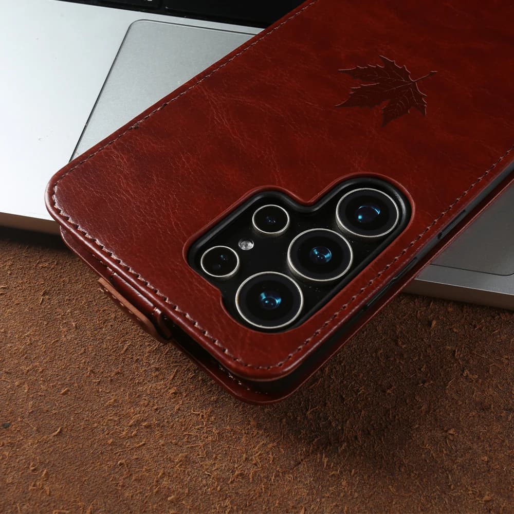 Custodia a libro verticale in pelle con motivo foglia d'acero per Samsung Galaxy S26 Ultra S25 FE S24 S23 S22 S21 Plus S20 Note 20 con slot per carte