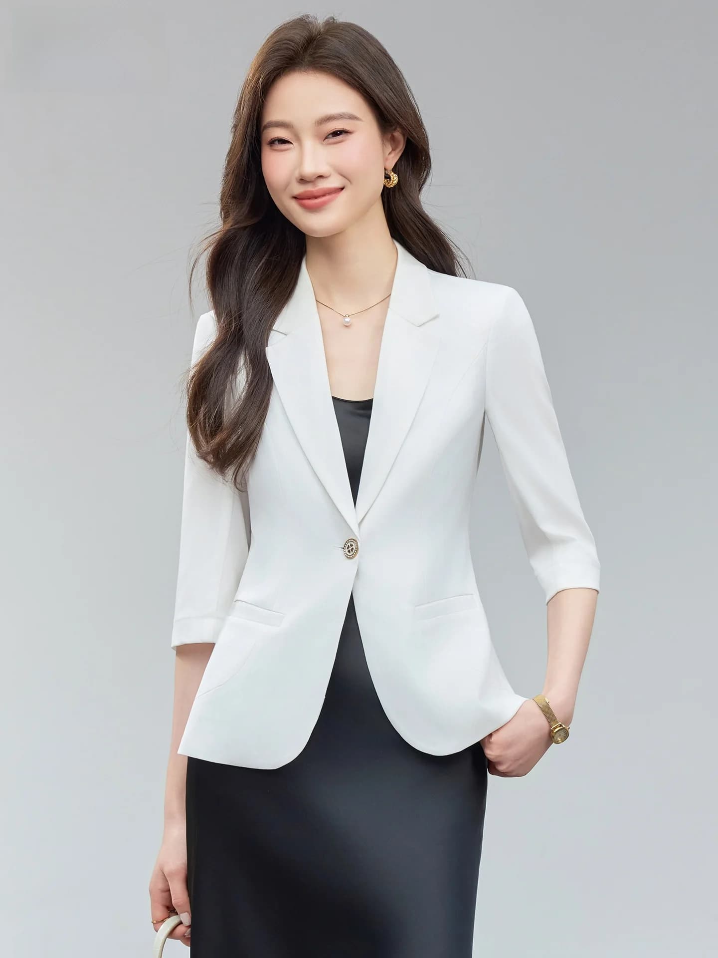 Giacca Bianca Slim Fit da Donna, Primaverile ed Estiva, Nuovo Stile Sottile con Vita Stretta, Manica Corta, Cappotto Casual Business
