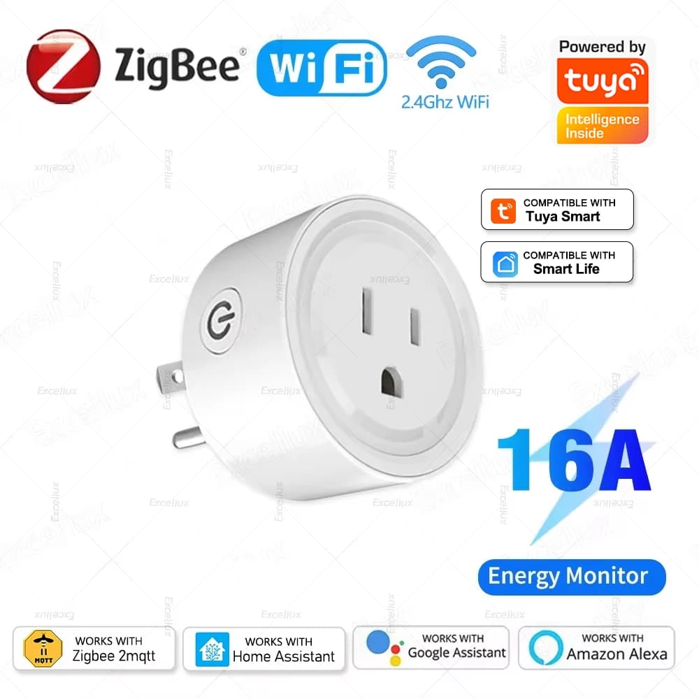 Tuya WiFi or Zigbee smart 16A plug socket with function of timerization monitoring of power sockets WiFi work with Alexa Home Assistant