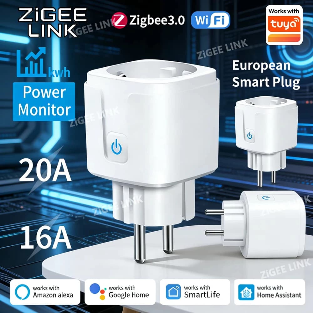 Smart Zigbee or WiFi 16A/20A EU with Energy Monitoring, Timer Function and Vocal Control via Tuya, Alexa, Google Home