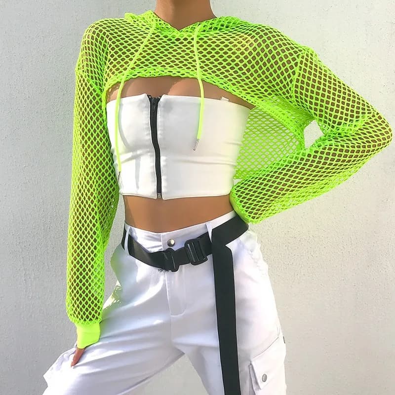 Nuova Collezione Primavera 2026: Top a Rete Verde Neon Streetwear, T-shirt da Donna con Maniche Lunghe Trasparenti, Maglietta Sexy Crop Top