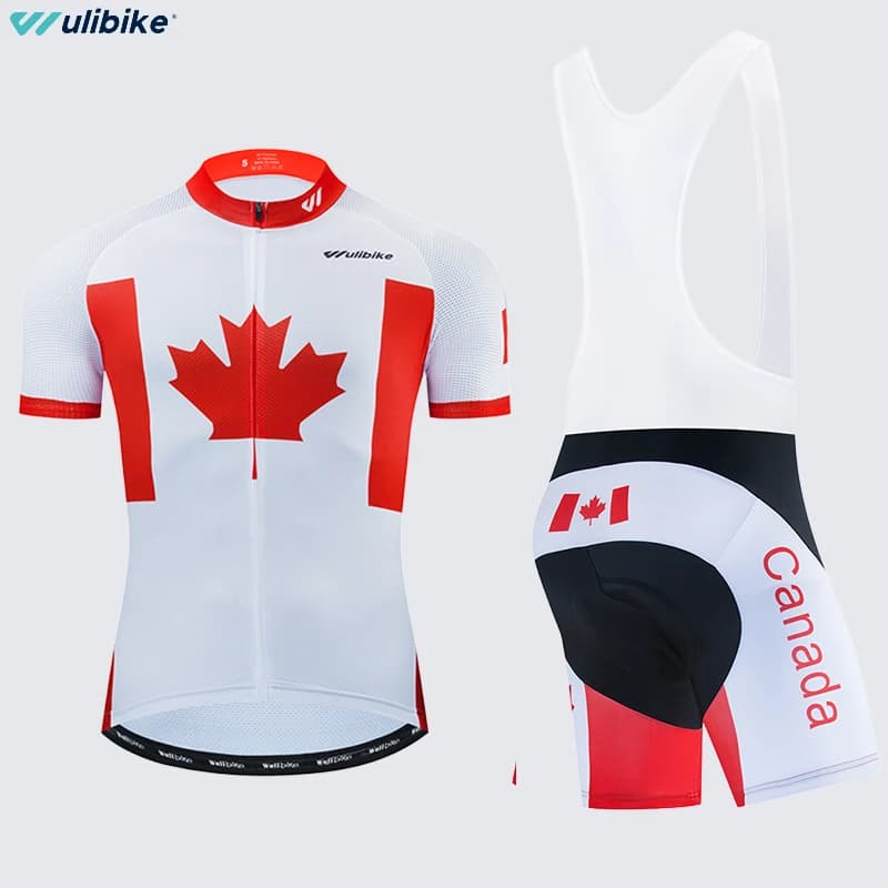 Men's cycling jersey Wulibike short sleeve set men's shorts with padded straps in quick drying mtb sponge Canadian red maple leaf cover