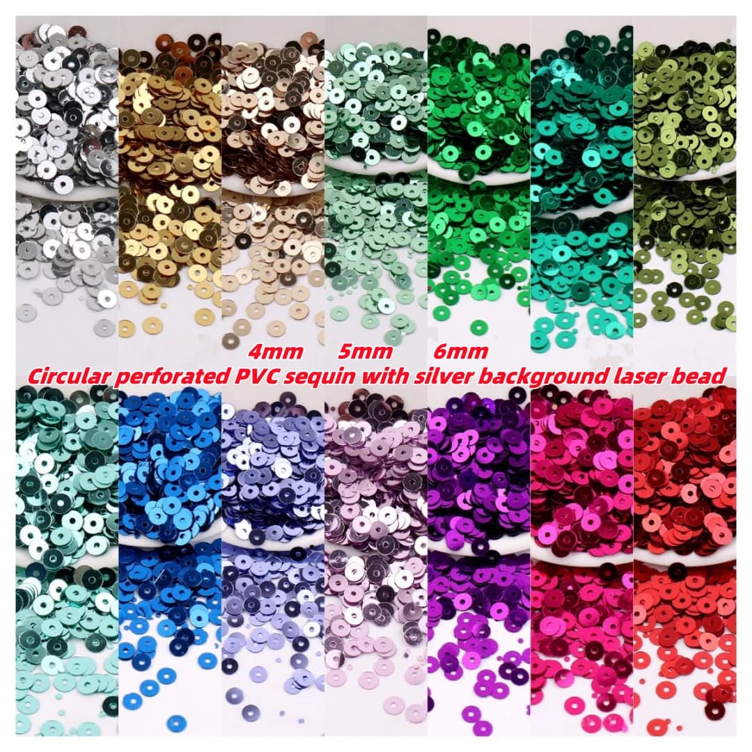 Paillettes in PVC con foro rotondo da 4 mm 5 mm 6 mm, fondo argento, perline laser, fai da te, cucito a mano, ricamato, paillettes con perline sciolte, vendita all'ingrosso spot